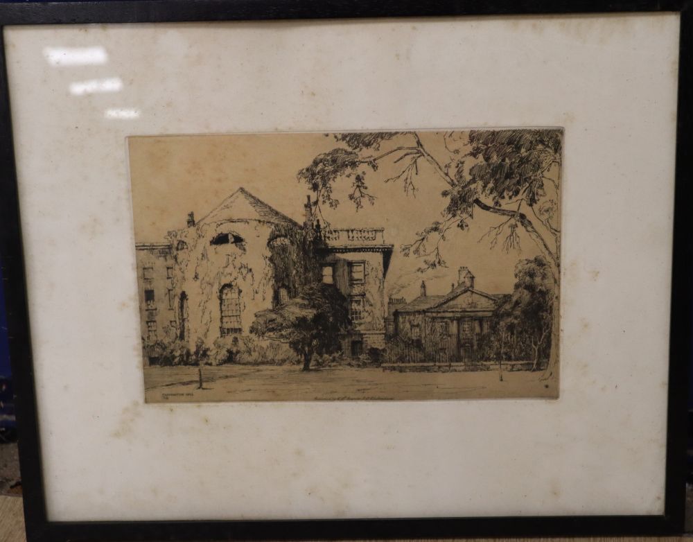 Eight assorted prints including etchings of Trinity College by Rudge